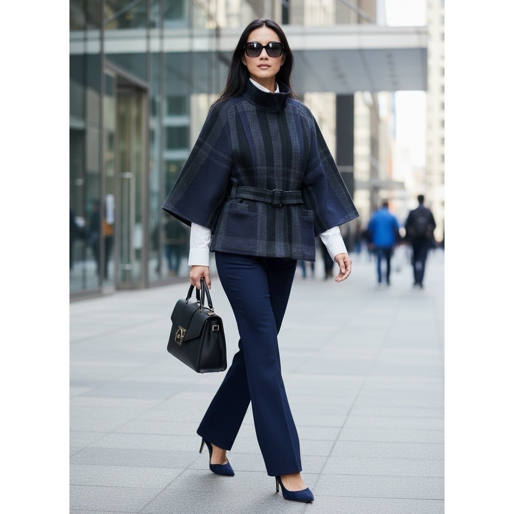 Theory Virgin Wool Belted NIVALIS Jacket M Navy Plaid Kimono Sleeve Funnel Neck